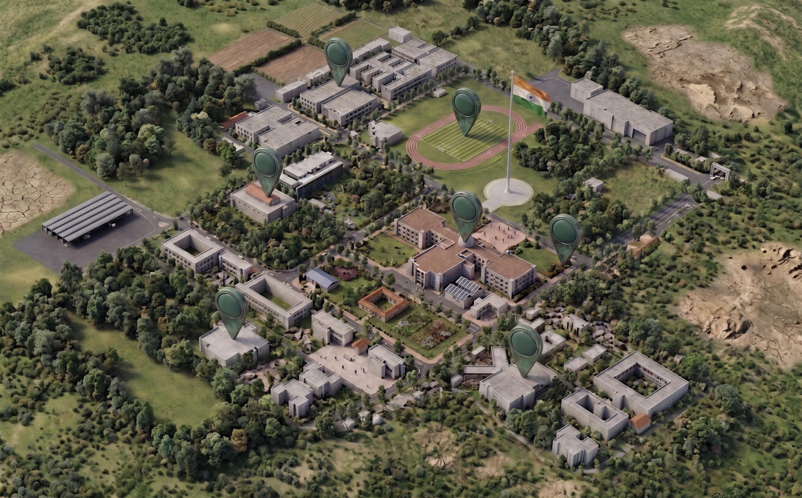Aerial map of Kumaraguru Institution campus with 7 zone markers